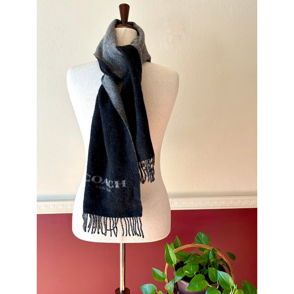 Coach Signature Bi-Color Logo Scarf Wool Cashmere Blend Black Grey Fringe 76053‎
